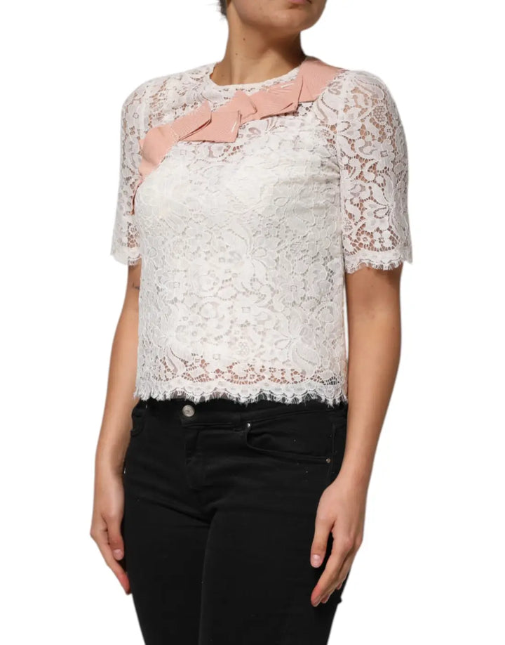 Dolce &amp; Gabbana White Floral Lace Short Sleeves Blouse Top