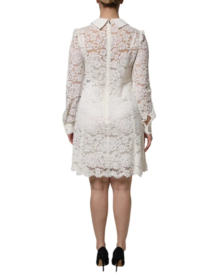 Dolce & Gabbana White Floral Lace Viscose Collared Mini Dress