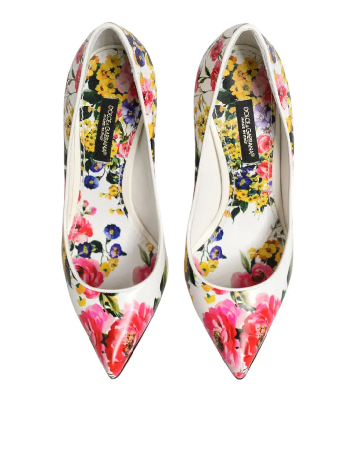 Dolce &amp; Gabbana White Floral Leather High Heels Pumps Shoes