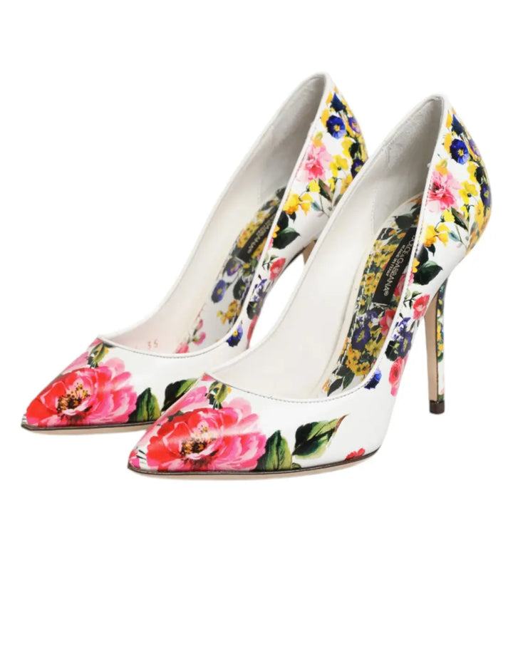 Dolce &amp; Gabbana White Floral Leather High Heels Pumps Shoes