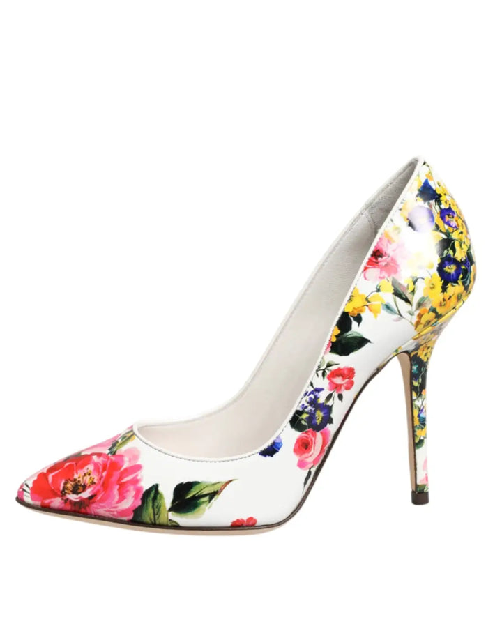 Dolce &amp; Gabbana White Floral Leather High Heels Pumps Shoes