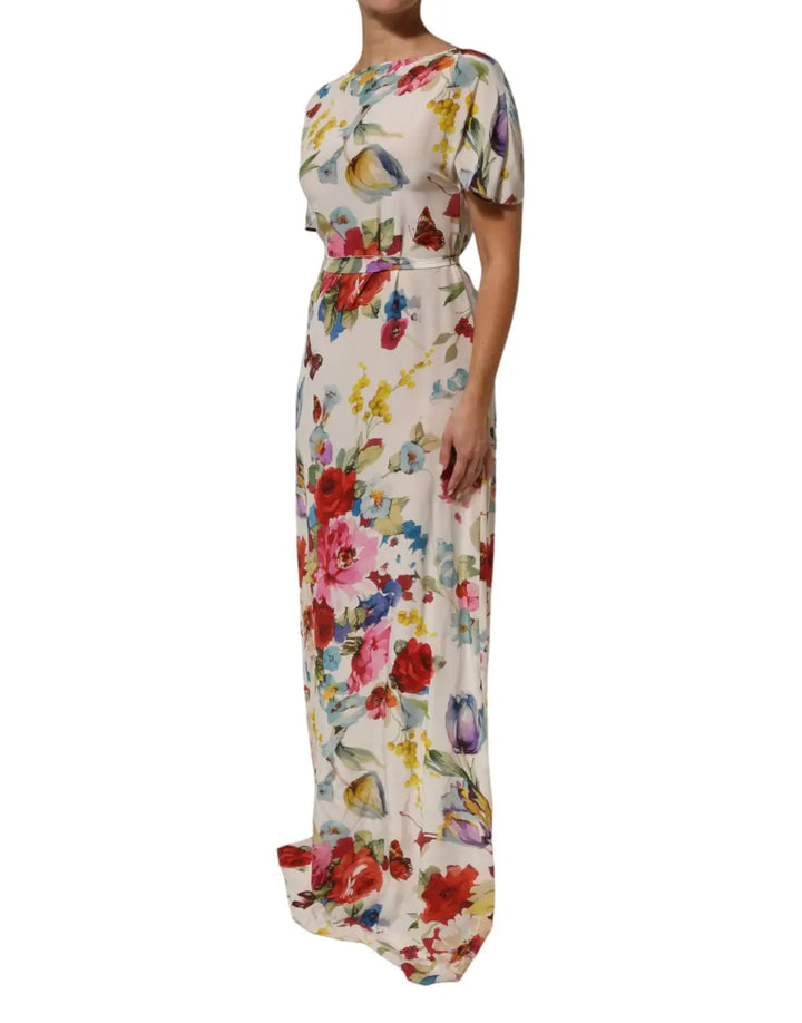 Dolce &amp; Gabbana White Floral Print Silk Sheath LongGown Dress