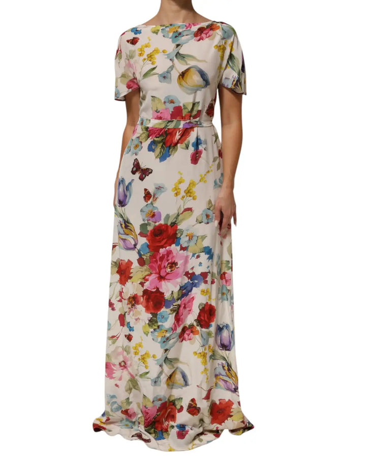 Dolce &amp; Gabbana White Floral Print Silk Sheath LongGown Dress