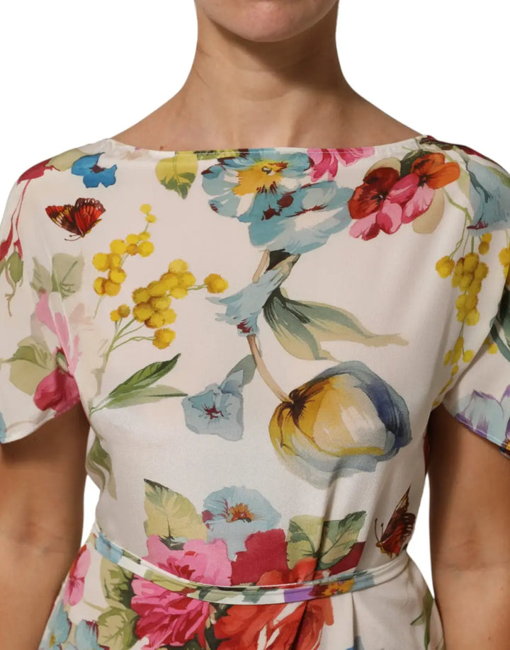 Dolce &amp; Gabbana White Floral Print Silk Sheath LongGown Dress