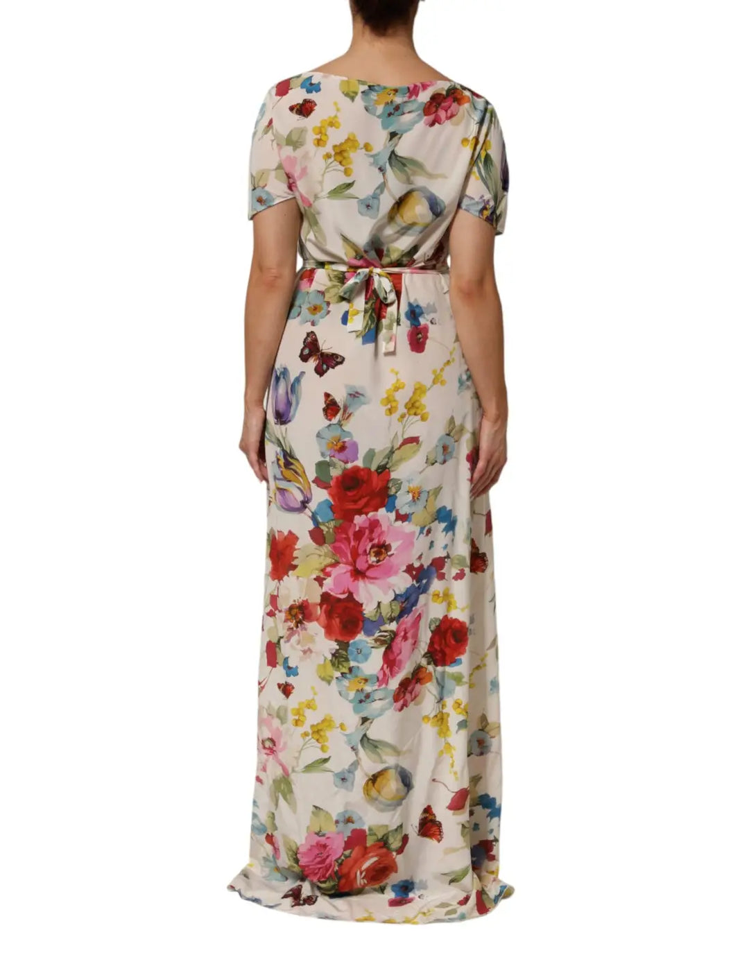Dolce &amp; Gabbana White Floral Print Silk Sheath LongGown Dress