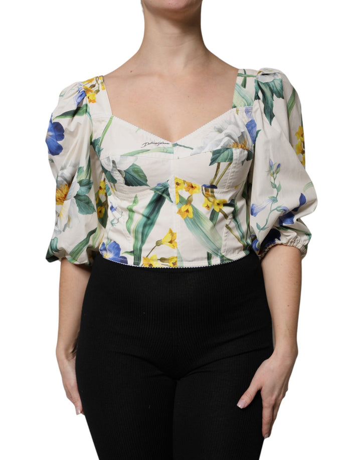 Dolce &amp; Gabbana Blouses - Women’s White Floral Puff Sleeves Crop Blouse Top