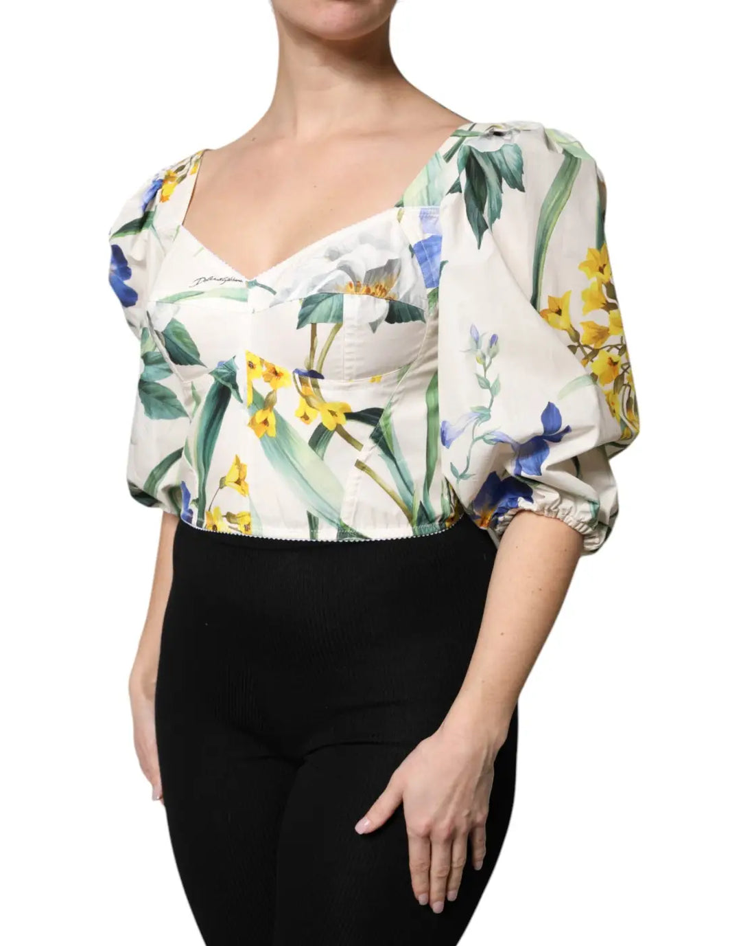 Dolce &amp; Gabbana White Floral Puff Sleeves Crop Blouse Top