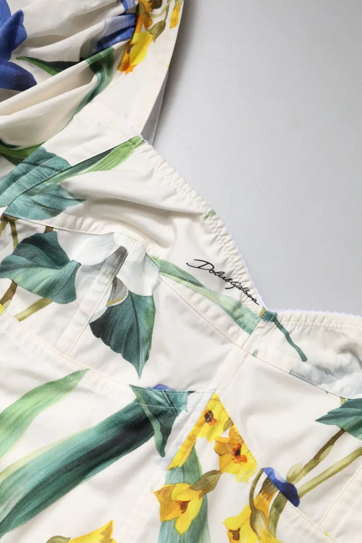 Dolce &amp; Gabbana White Floral Puff Sleeves Crop Blouse Top
