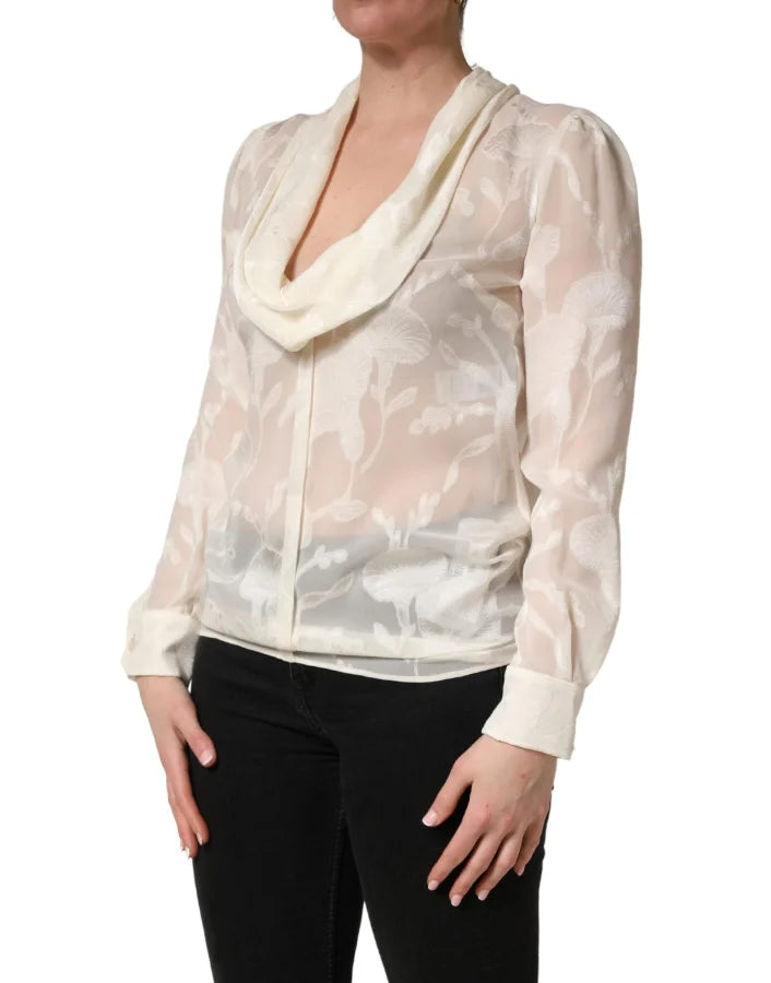 Dolce &amp; Gabbana Off White Floral Semi Sheer Silk Blouse Top
