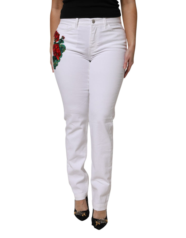 Dolce &amp; Gabbana White Floral Sequined Girly Denim Jeans
