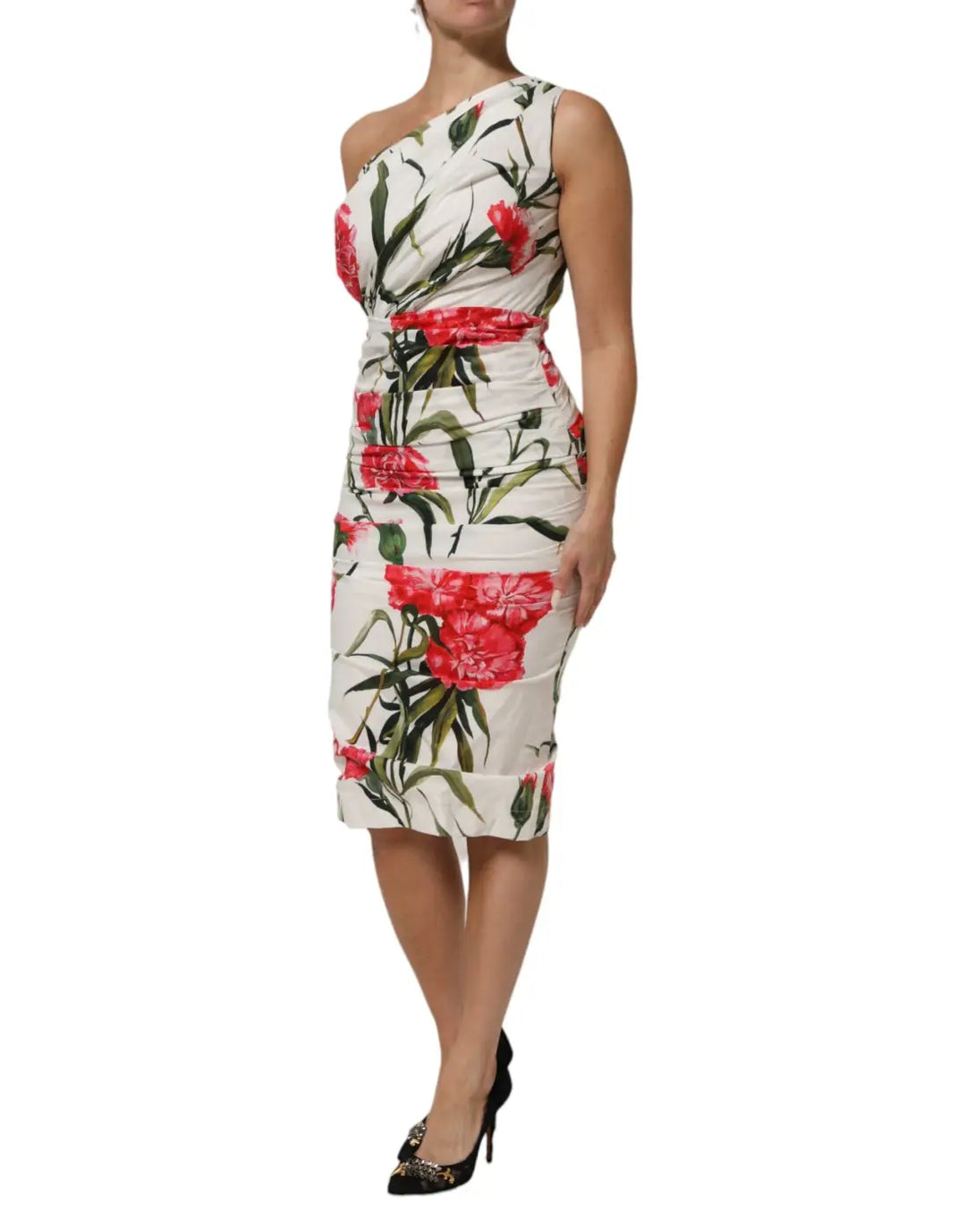 Dolce &amp; Gabbana White Floral One Shoulder Sheath Dress