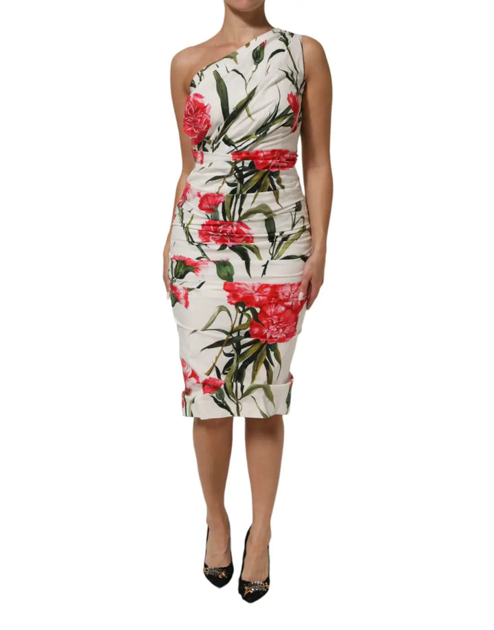 Dolce &amp; Gabbana White Floral One Shoulder Sheath Dress