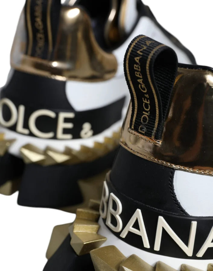 Dolce &amp; Gabbana White Gold Black Leather SUPER KING Sneakers Shoes