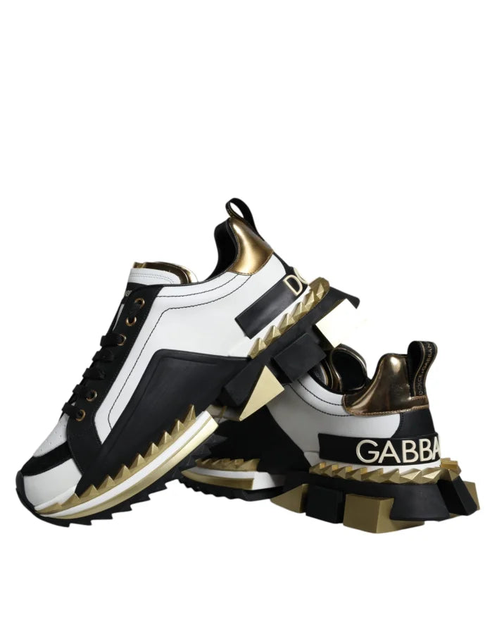 Dolce &amp; Gabbana White Gold Black Leather SUPER KING Sneakers Shoes