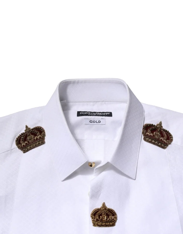 Dolce & Gabbana White GOLD Crown Cotton Dress Formal Shirt