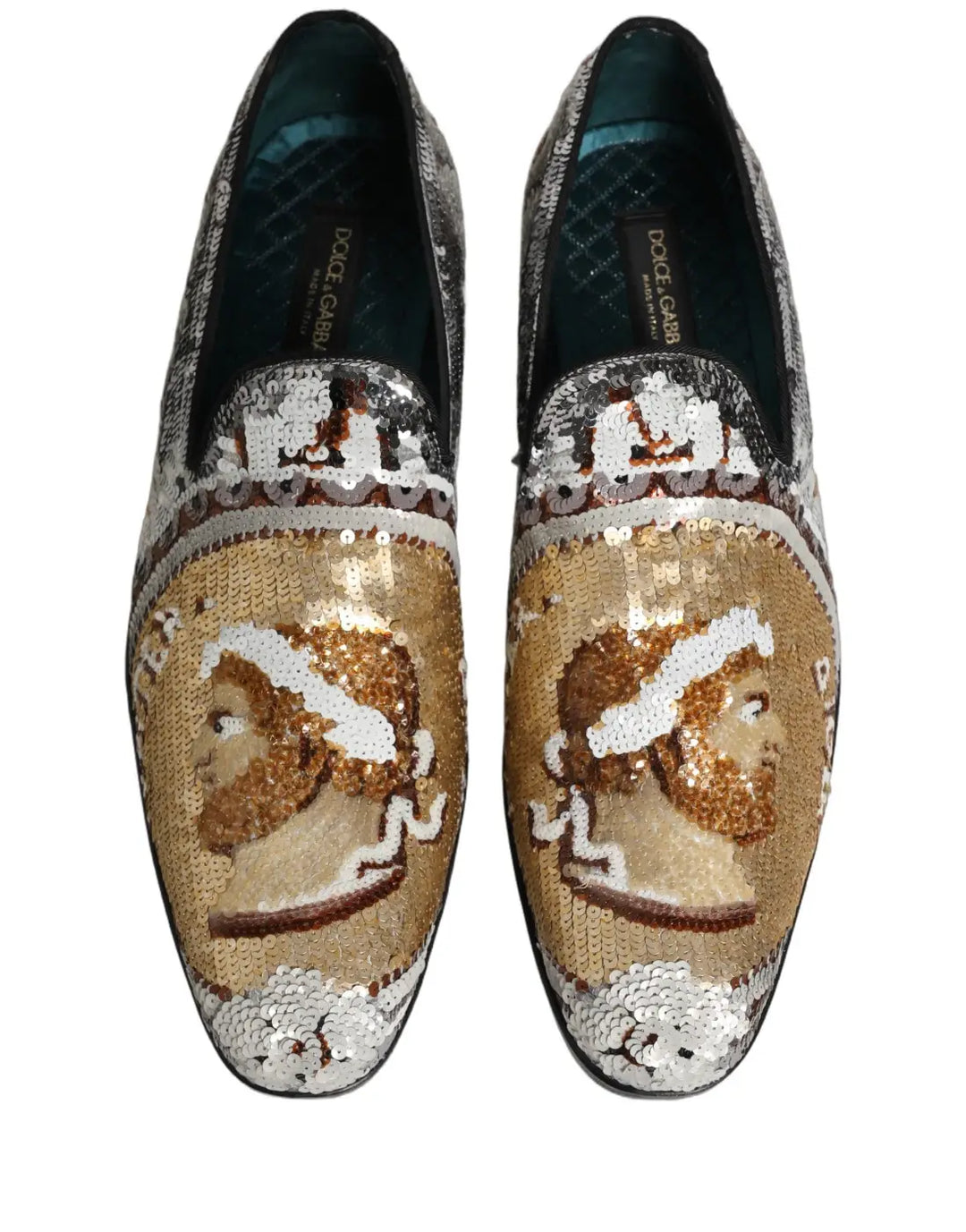 Dolce &amp; Gabbana White Gold Sequined Slip On Loafers Shoes