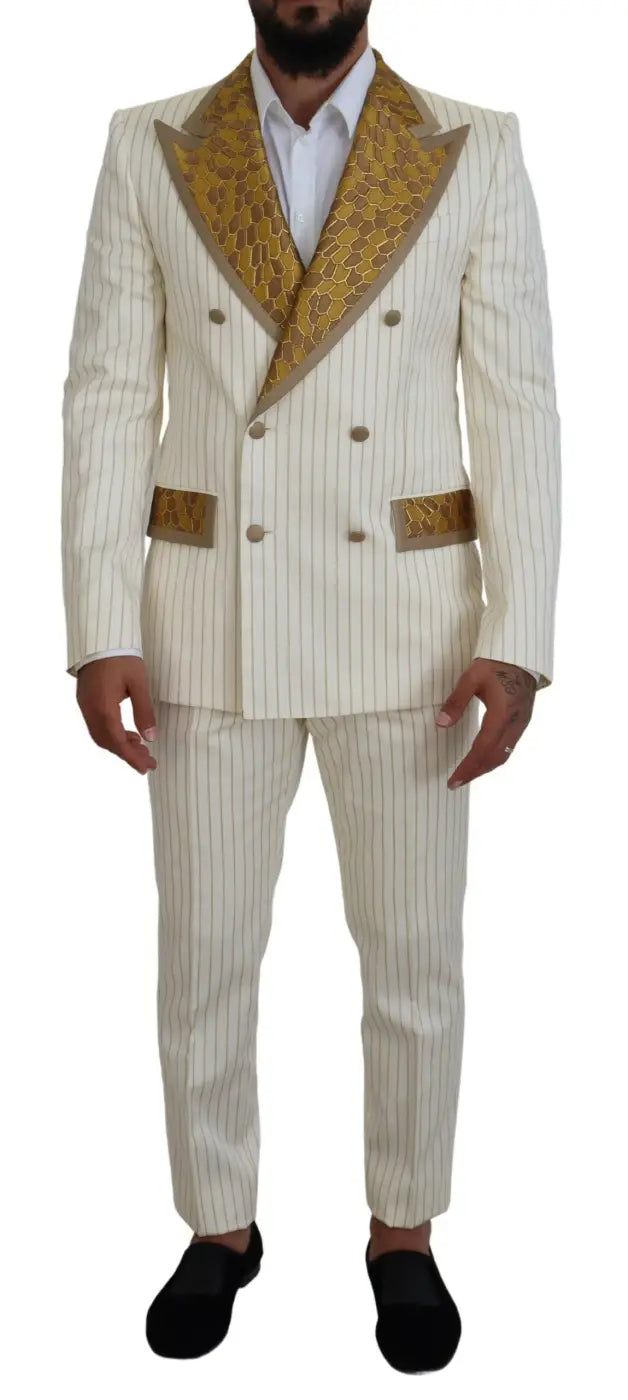 Dolce &amp; Gabbana Off White Gold Striped Tuxedo Slim Fit Suit