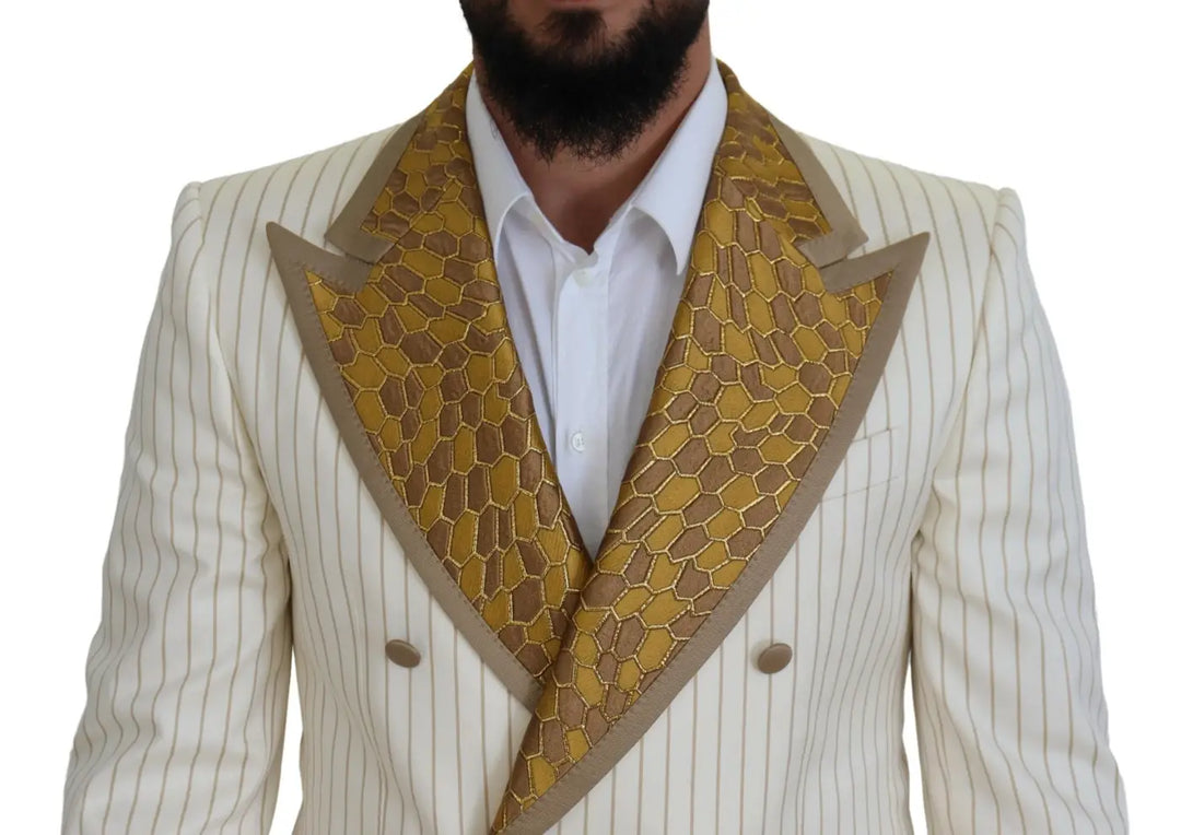 Dolce &amp; Gabbana Off White Gold Striped Tuxedo Slim Fit Suit
