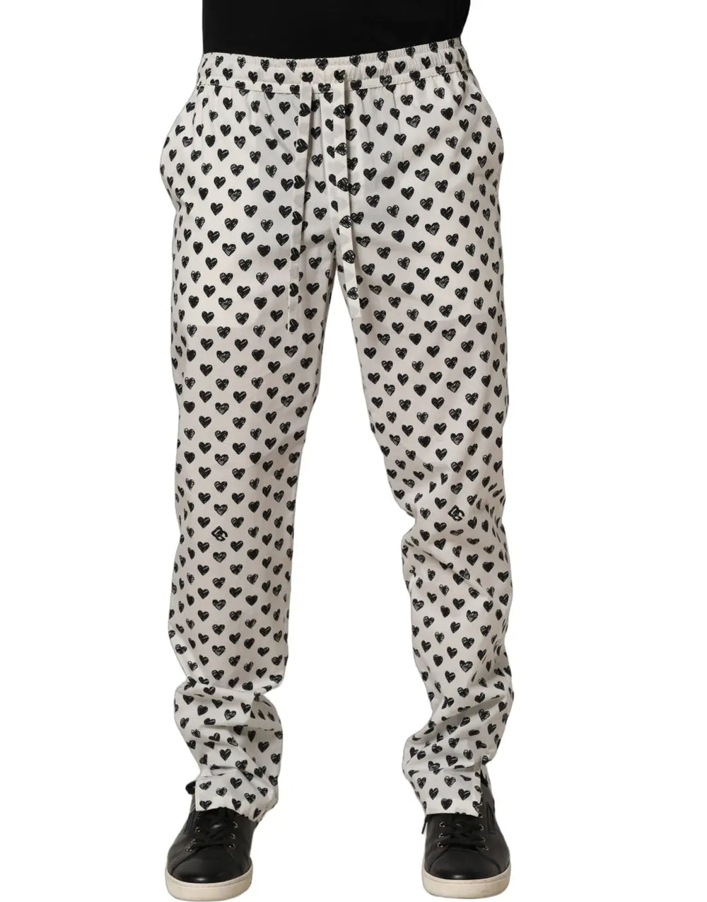 Dolce & Gabbana White Graphic Heart Print Men Trousers Pants