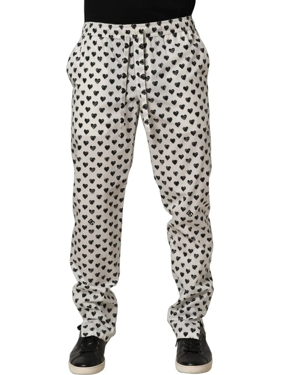 Dolce & Gabbana White Graphic Heart Print Men Trousers Pants