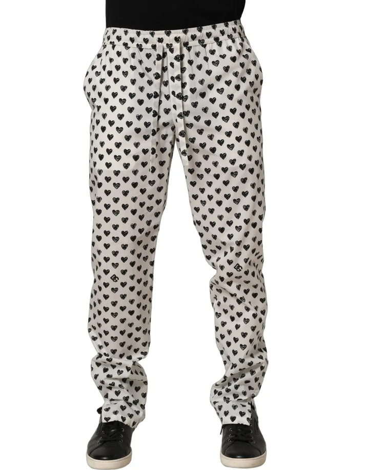 Dolce &amp; Gabbana White Graphic Heart Print Men Trousers Pants