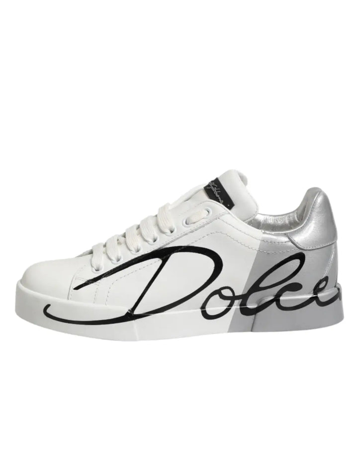 Dolce &amp; Gabbana White Gray Low Top Leather Sneaker Shoes