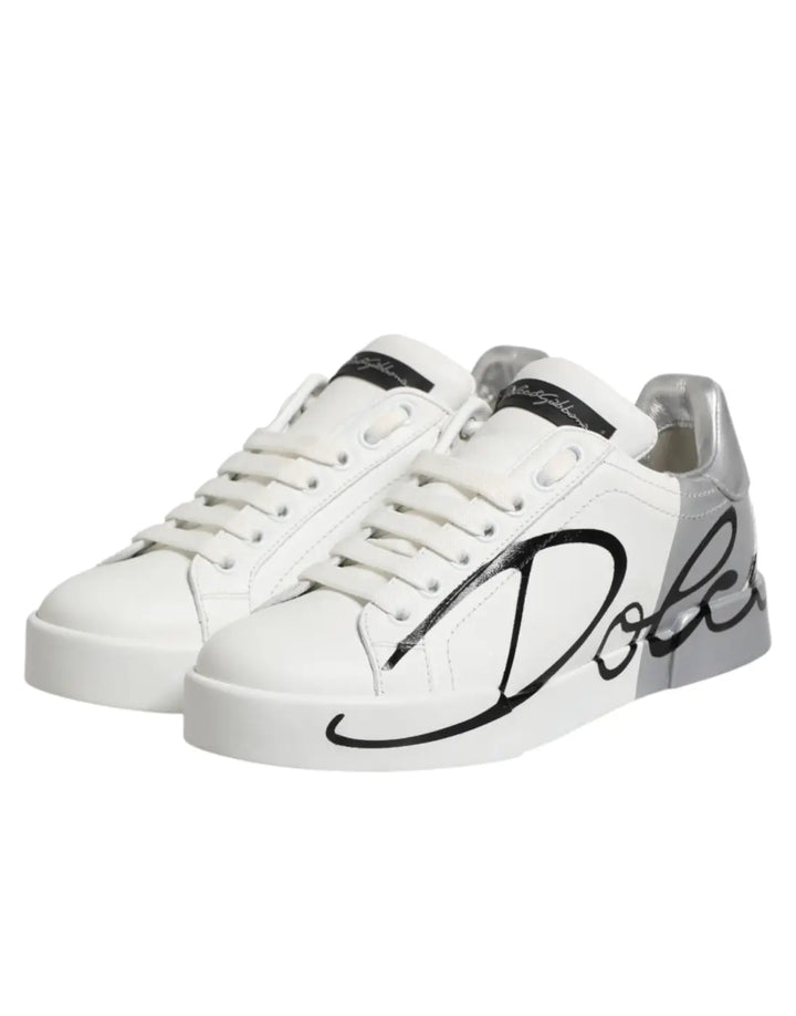 Dolce &amp; Gabbana White Gray Low Top Leather Sneaker Shoes