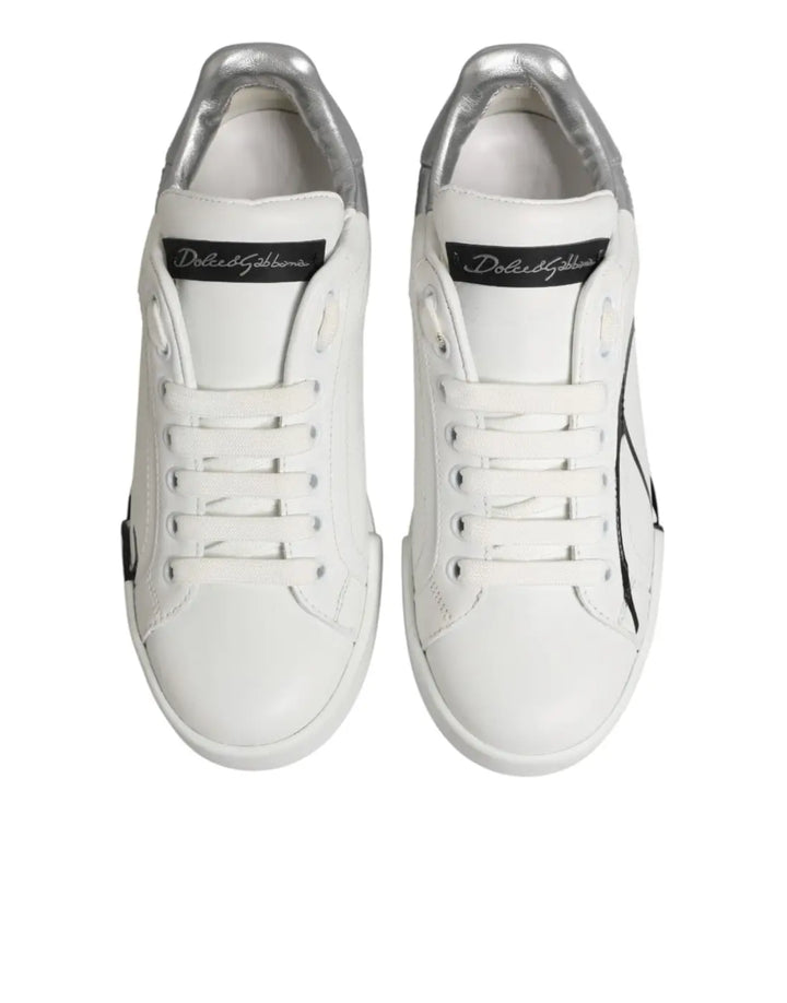 Dolce &amp; Gabbana White Gray Low Top Leather Sneaker Shoes
