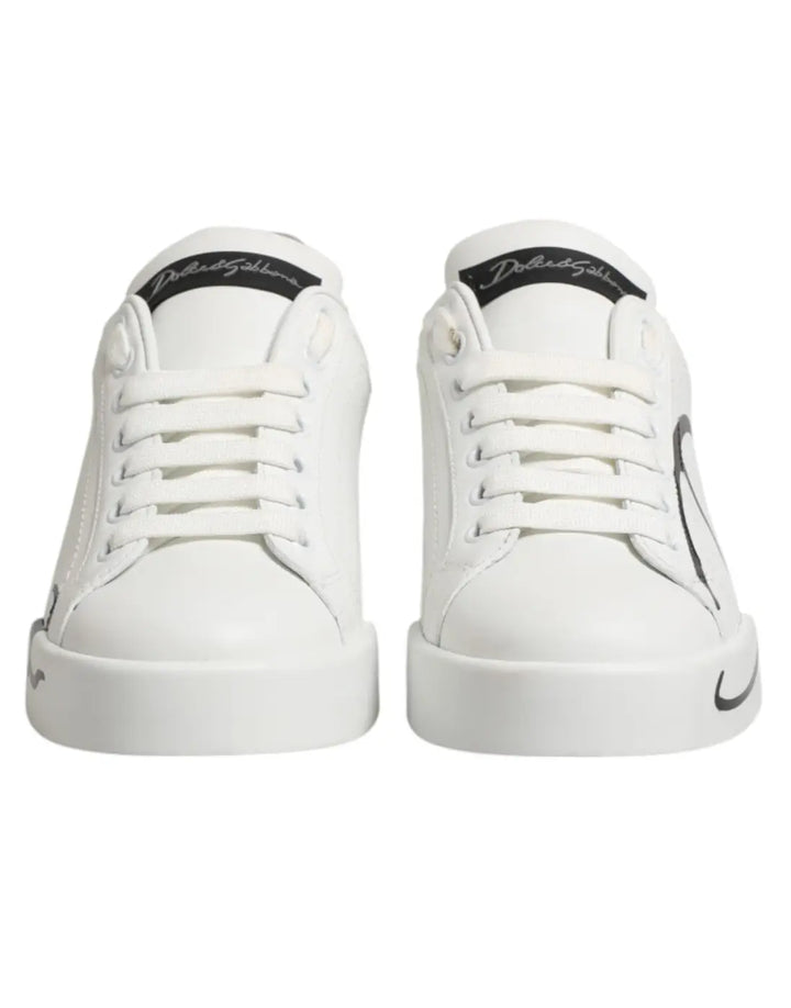 Dolce &amp; Gabbana White Gray Low Top Leather Sneaker Shoes