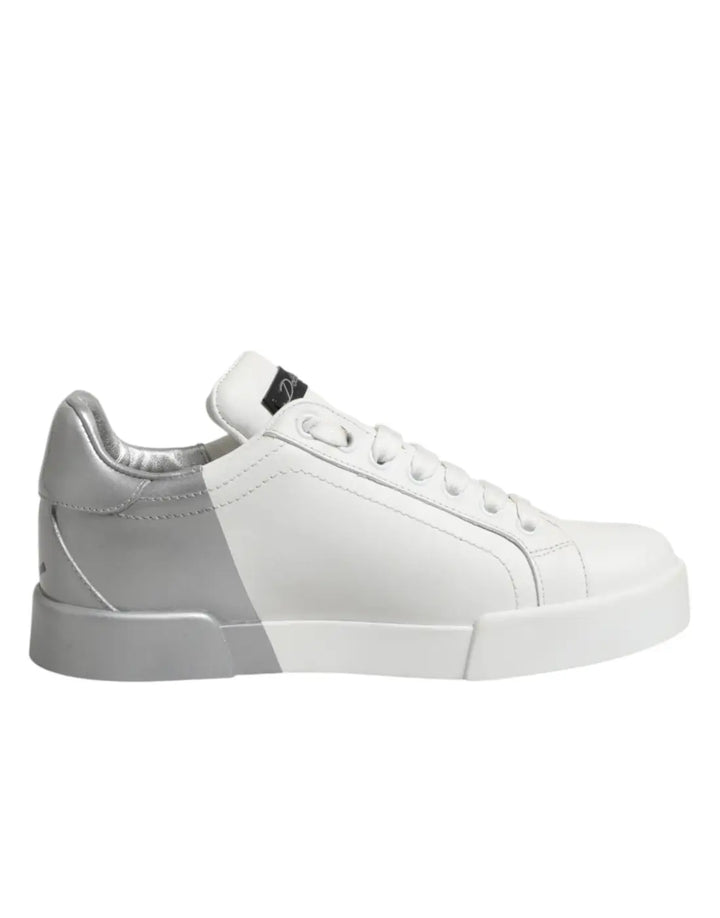 Dolce &amp; Gabbana White Gray Low Top Leather Sneaker Shoes