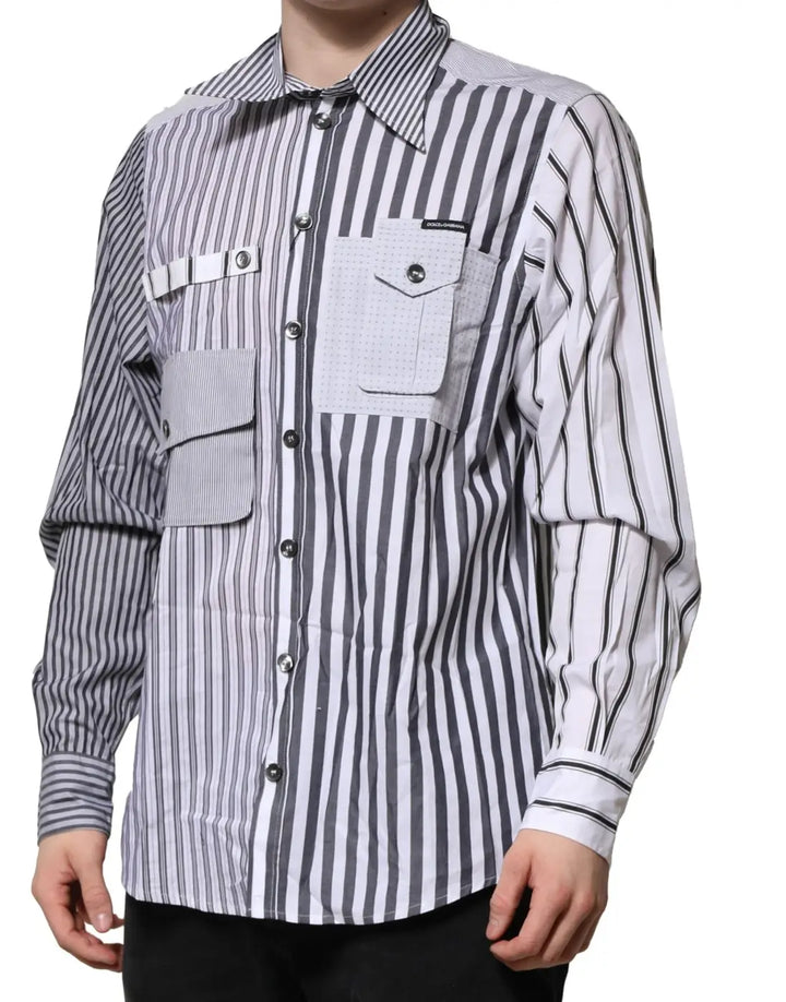 Dolce &amp; Gabbana White Gray Striped Cotton Men Casual Shirt