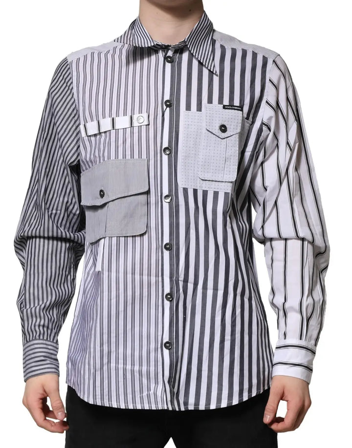 Dolce &amp; Gabbana White Gray Striped Cotton Men Casual Shirt