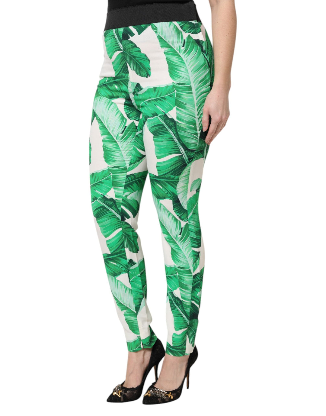 Dolce &amp; Gabbana White Green Leaf High Waist Pants