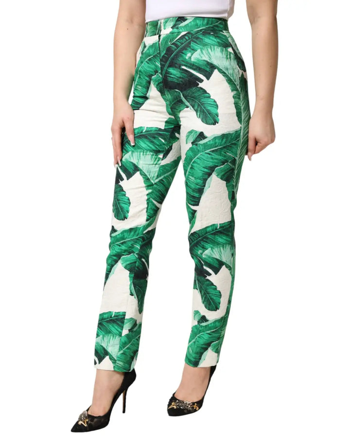 Dolce &amp; Gabbana White Green Leaf High Waist Trousers Pants