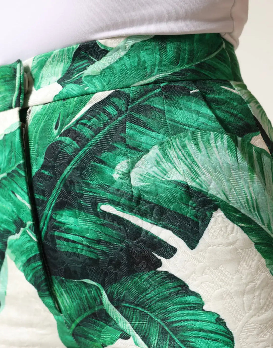 Dolce &amp; Gabbana White Green Leaf High Waist Trousers Pants