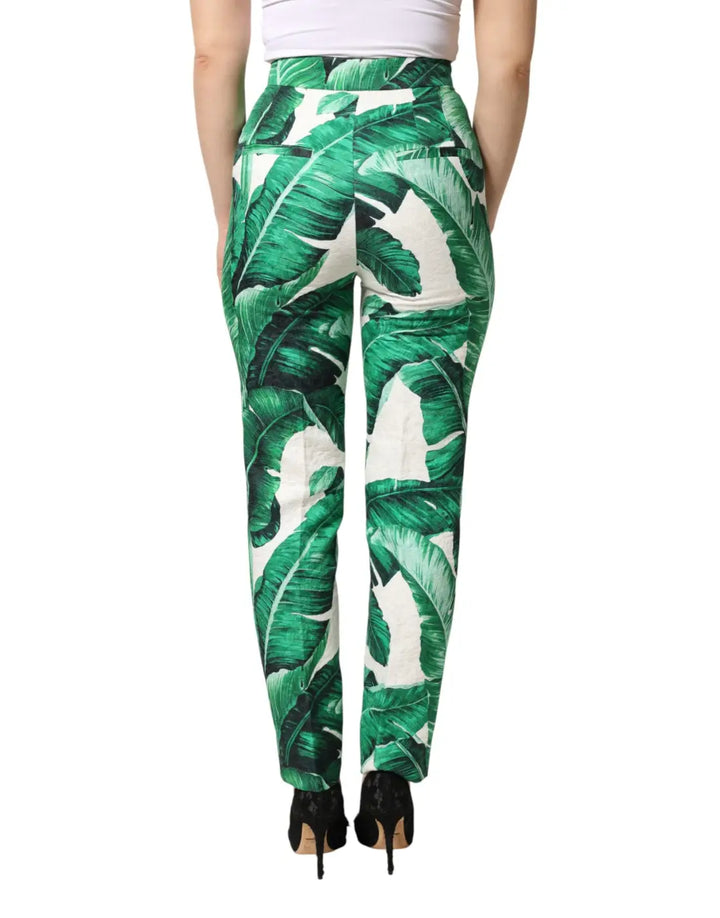Dolce &amp; Gabbana White Green Leaf High Waist Trousers Pants