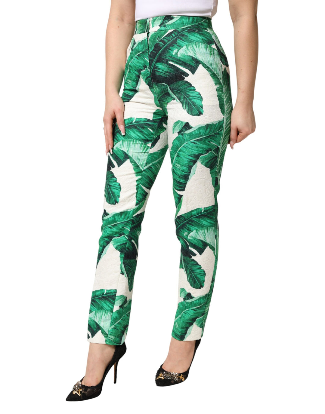 Dolce &amp; Gabbana White Green Leaf High Waist Trousers Pants
