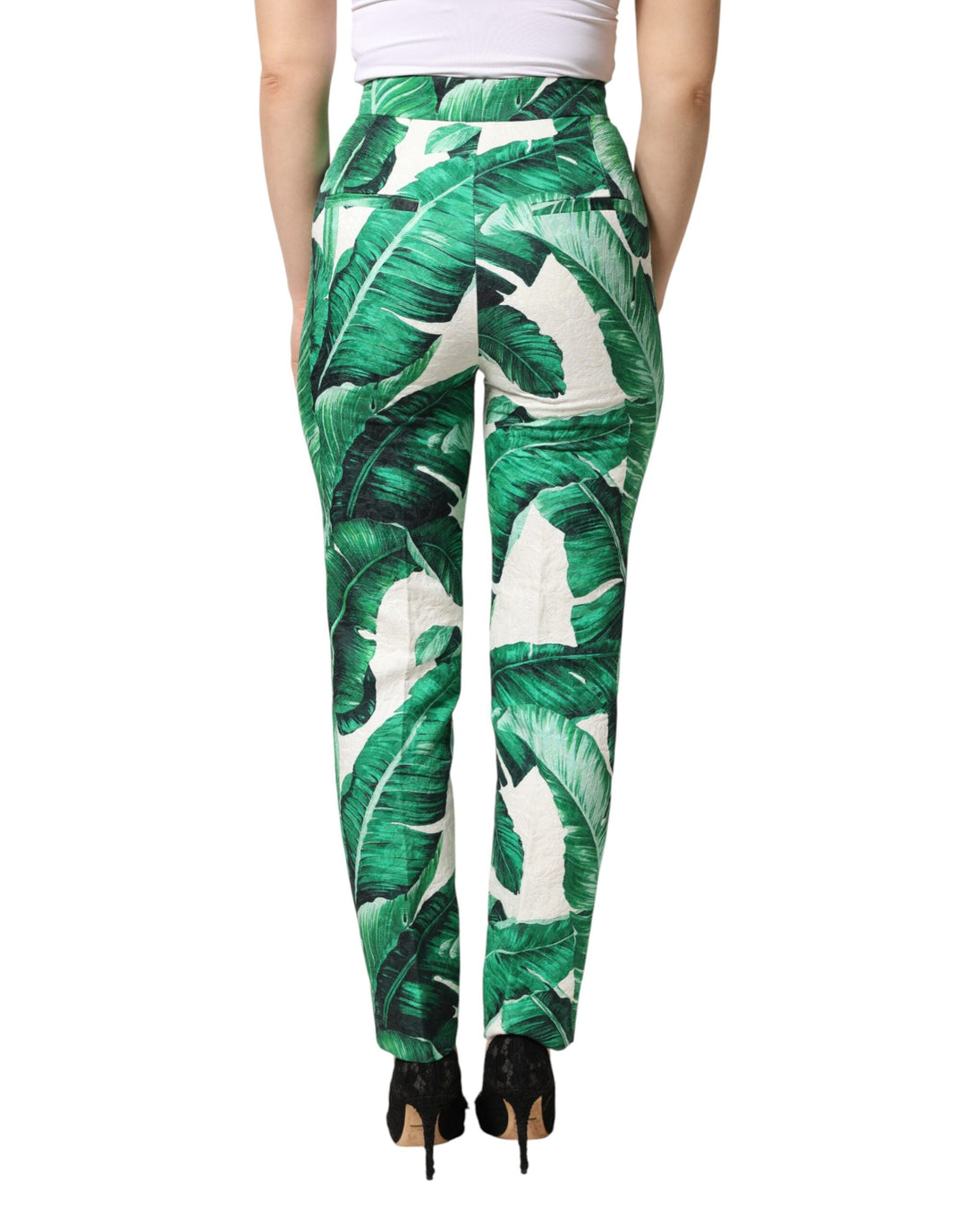 Dolce &amp; Gabbana White Green Leaf High Waist Trousers Pants