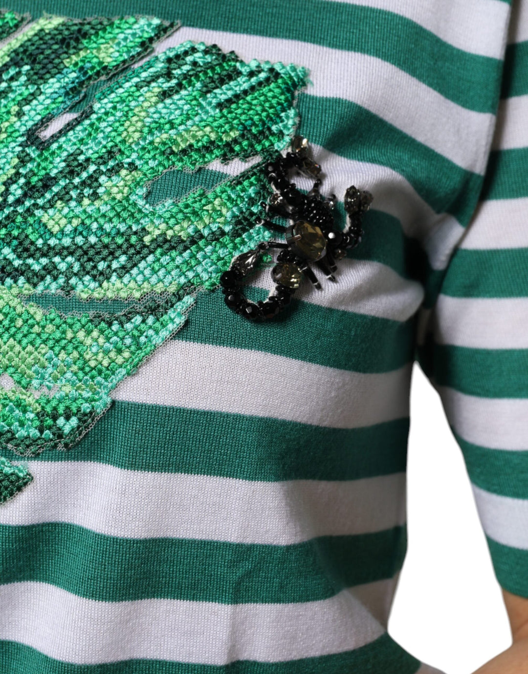 Dolce &amp; Gabbana - White Green Stripe Leaf Crew Neck T-shirt