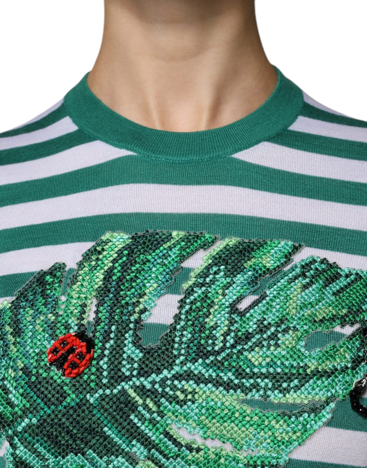 Dolce &amp; Gabbana - White Green Stripe Leaf Crew Neck T-shirt