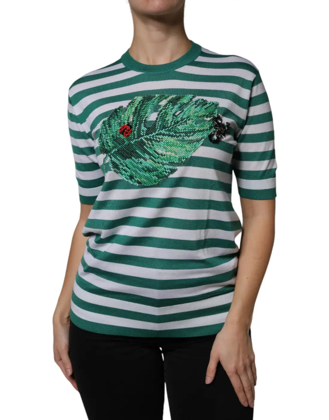 Dolce &amp; Gabbana White Green Stripe Leaf Crew Neck T-shirt