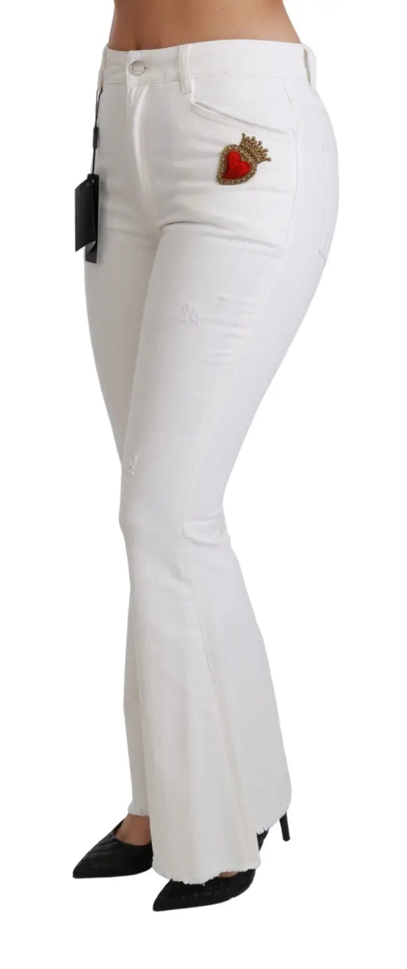 Dolce &amp; Gabbana White Heart Flared Stretch Cotton Pants