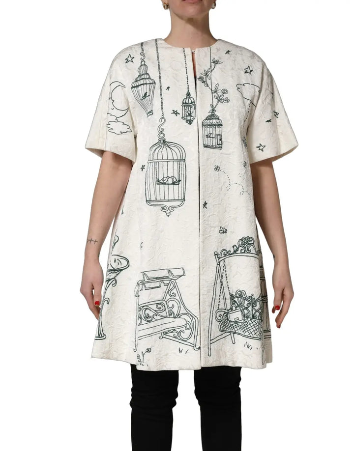 Dolce &amp; Gabbana White Jacquard Garden Print Coat Jacket