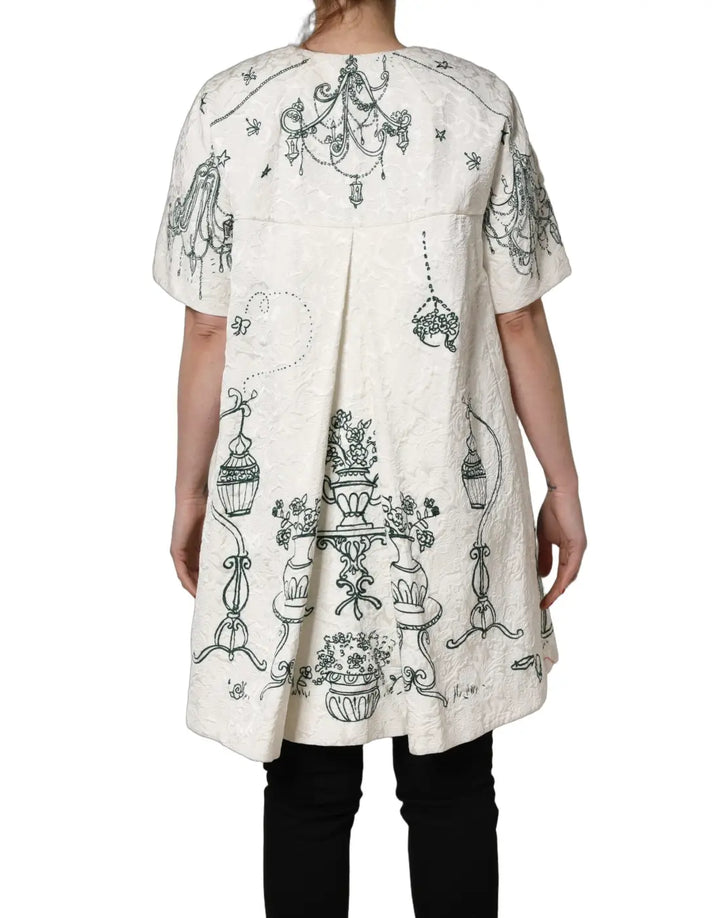 Dolce &amp; Gabbana White Jacquard Garden Print Coat Jacket