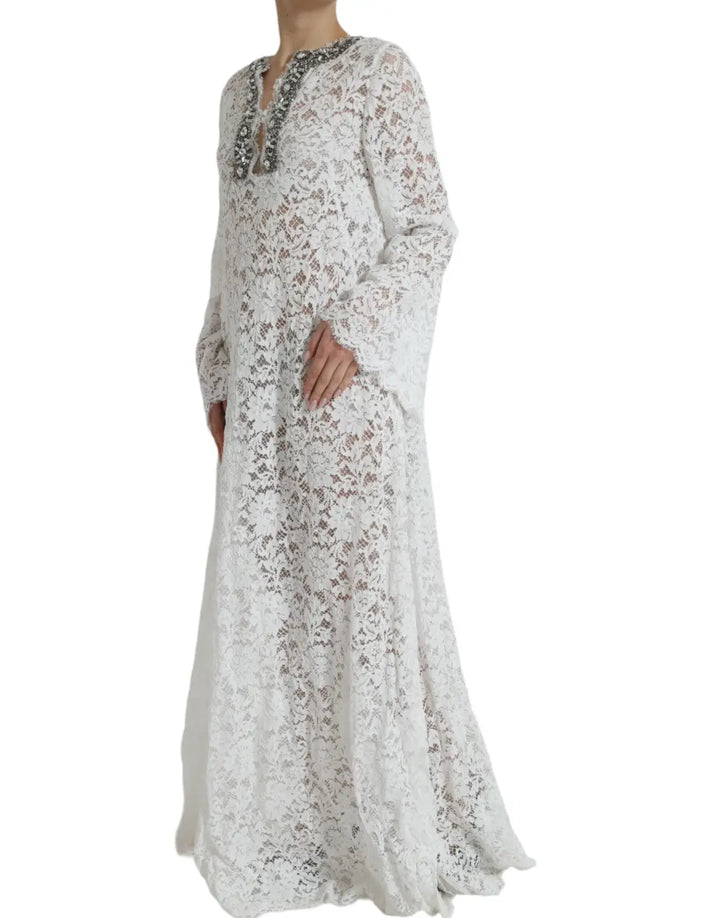 Dolce &amp; Gabbana White Lace Crystal Embellished Shift Dress