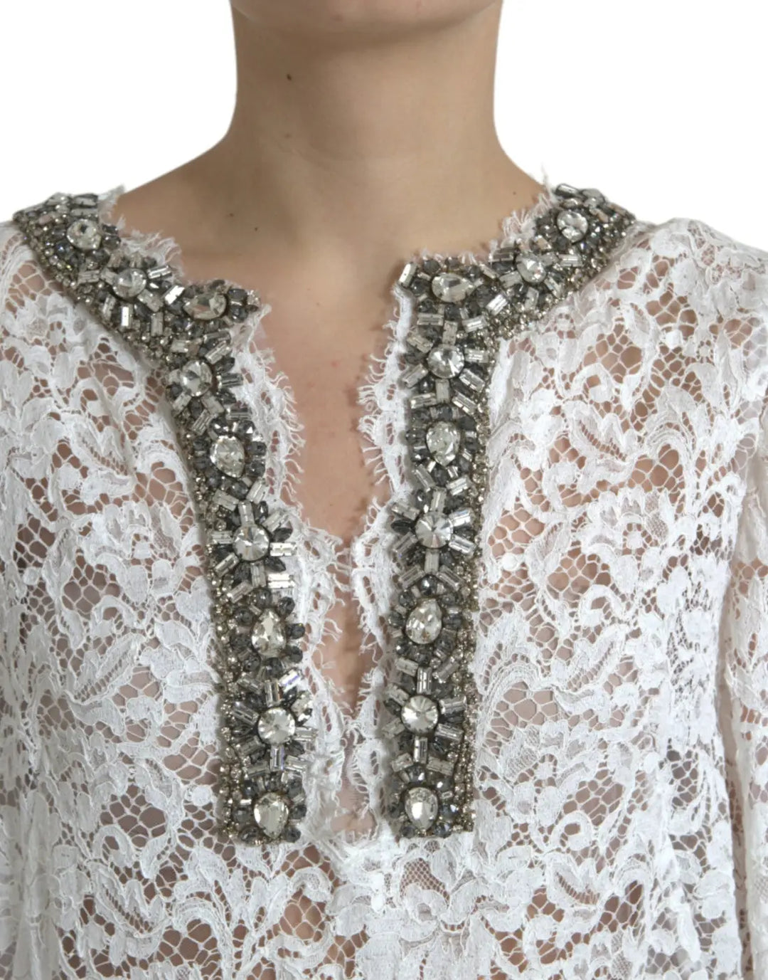 Dolce &amp; Gabbana White Lace Crystal Embellished Shift Dress