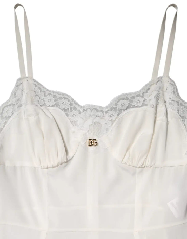 Dolce &amp; Gabbana White Lace DG Logo Silk Dress Sleepwear