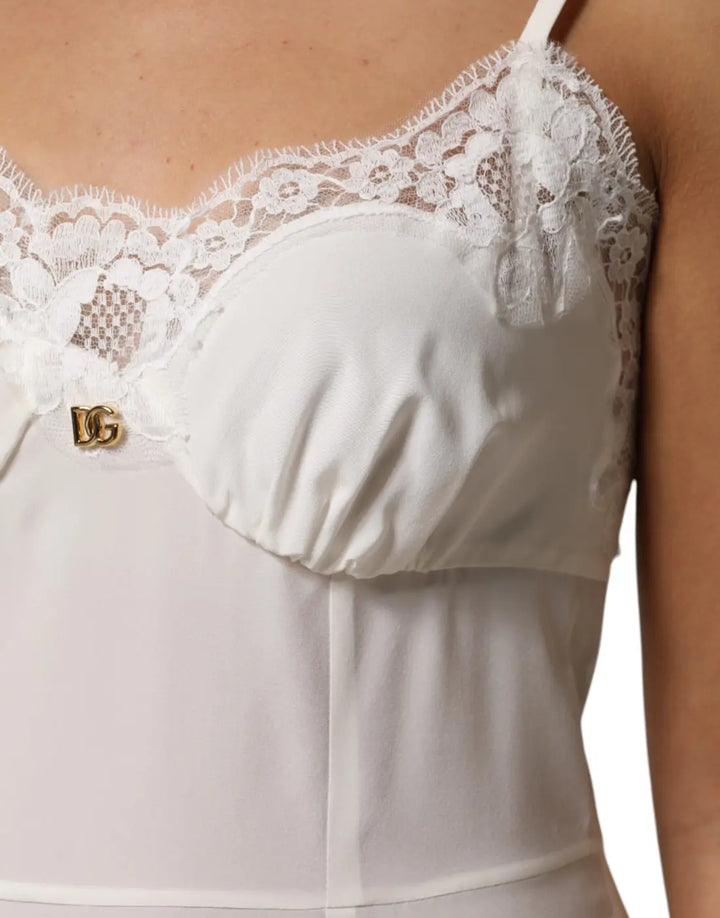 Dolce &amp; Gabbana White Lace Gold Dg Logo Silk Dress Sleepwear