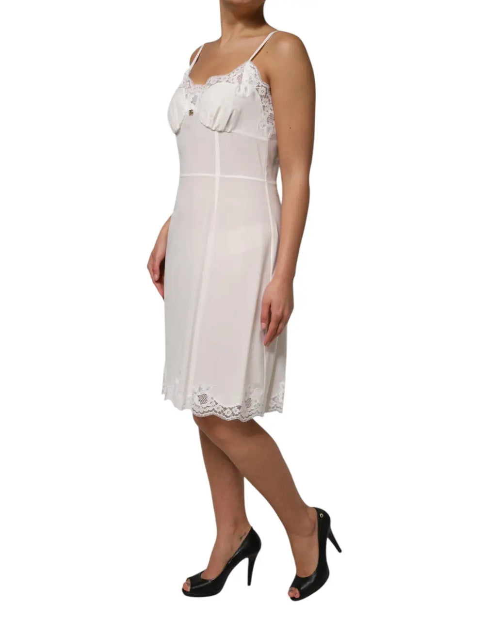 Dolce & Gabbana White Lace Gold Dg Logo Silk Dress Sleepwear