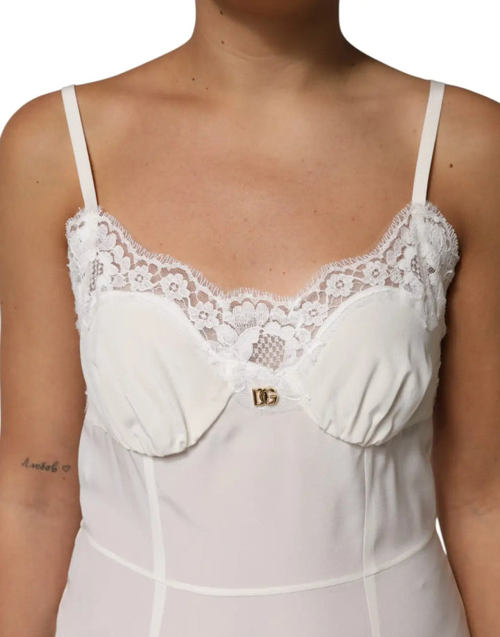 Dolce &amp; Gabbana White Lace Gold Dg Logo Silk Dress Sleepwear